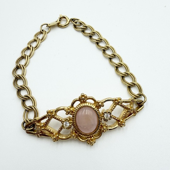 VINTAGE Avon Genuine Rose Quartz Gold Tone Bracelet - Picture 1 of 7